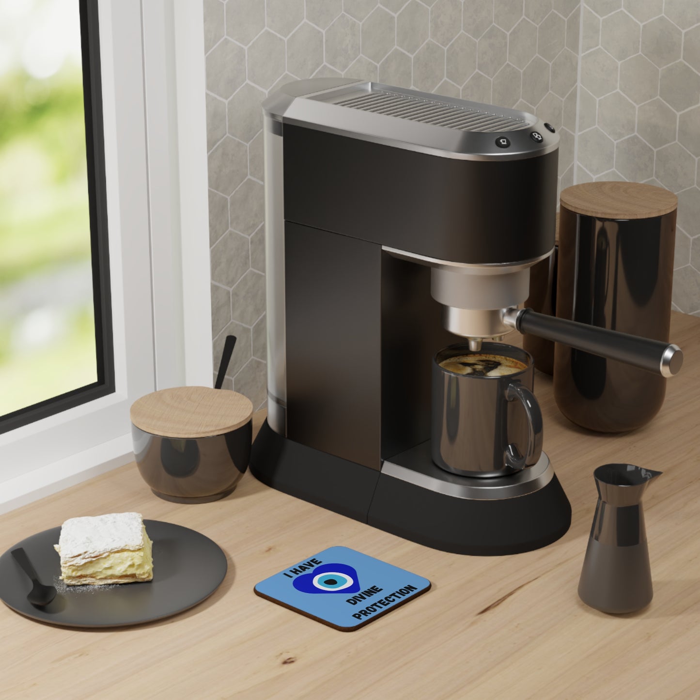 "I Have Divine Protection" (Blue/Heart Shape) - Hardboard Back Coaster