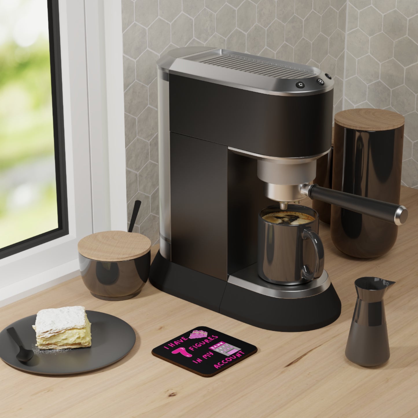 "I Have 7 Figures in my Bank Account" (Pink/Black)  Hardboard Back Coaster