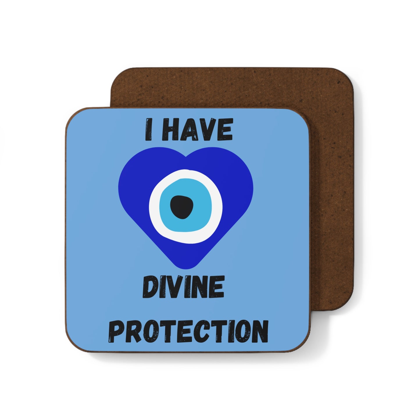"I Have Divine Protection" (Blue/Heart Shape) - Hardboard Back Coaster