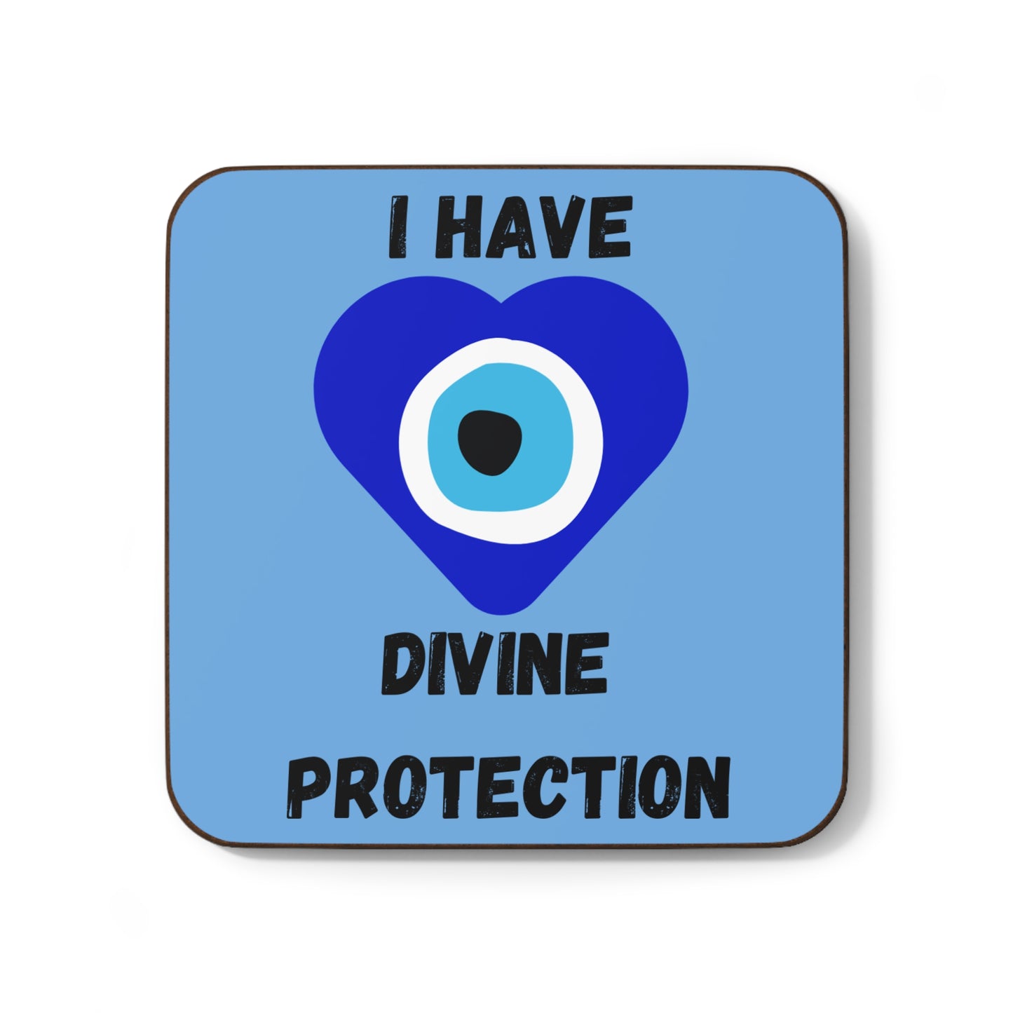 "I Have Divine Protection" (Blue/Heart Shape) - Hardboard Back Coaster