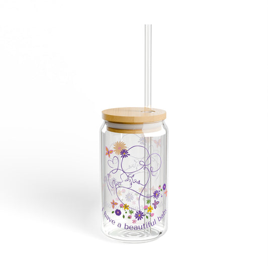 "I Have a Beautiful Baby" Sipper Glass, 16oz | Cute Water Jar with Straw, Perfect for Gifts, Summer Drinkware, Eco-Friendly Glass, Floral Design