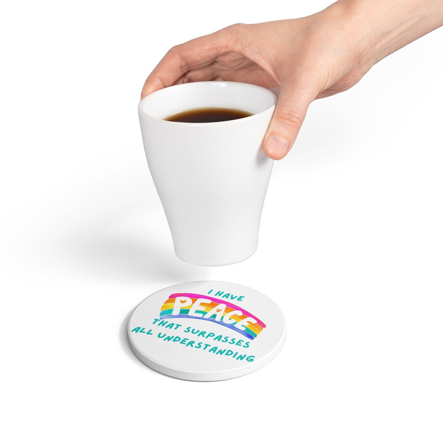 "I Have Peace that Surpasses" (White) Ceramic Coaster, Inspirational Home Decor, Gift for Friends, Housewarming, Relaxation, Motivational Gift