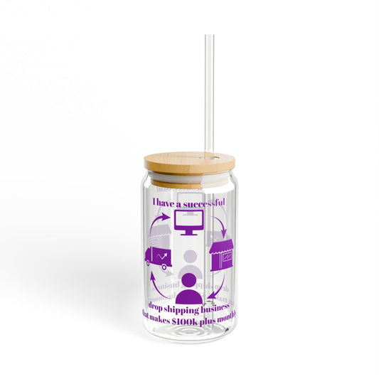 "I Have a 10k Drop Shipping Biz" Purple, 16oz Glass with Bamboo Lid, Perfect Gift for Business Owners,