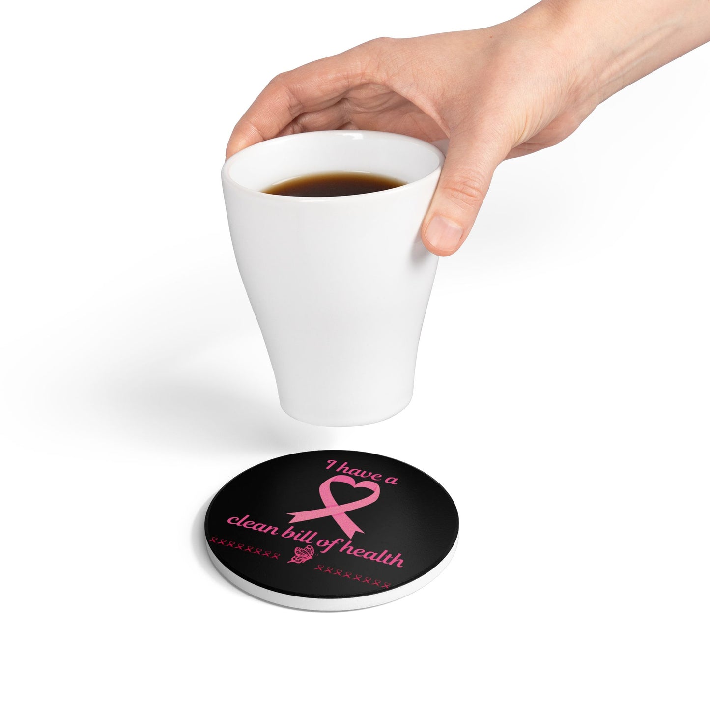 "I Have a Clean Bill of Health" (Black/Pink) - Ceramic Coaster, Gift for Cancer Survivors, Breast Cancer Awareness, Home Decor, Support Merchandise